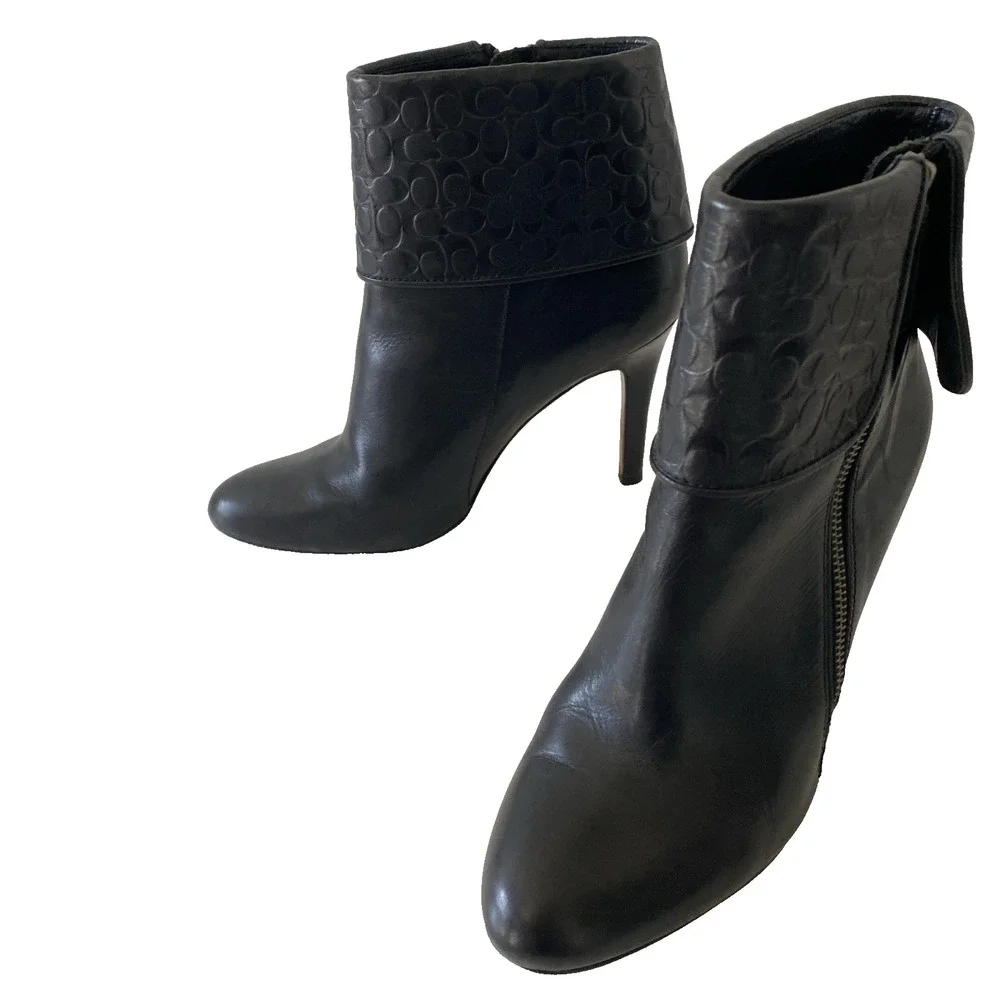 Coach Mackenna Black Leather Slim Heel Ankle Bootie Boot Round Toe Side Zip 9.5